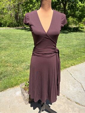 BCBG Deep Plum Wrap Midi Dress with Side Tie